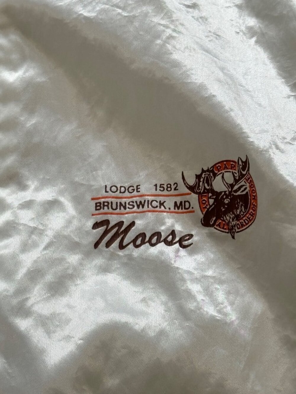 Vintage White Satin Moose Lodge Varsity Jacket Jeannie Embroidery Full Zip Large - Picture 3 of 12